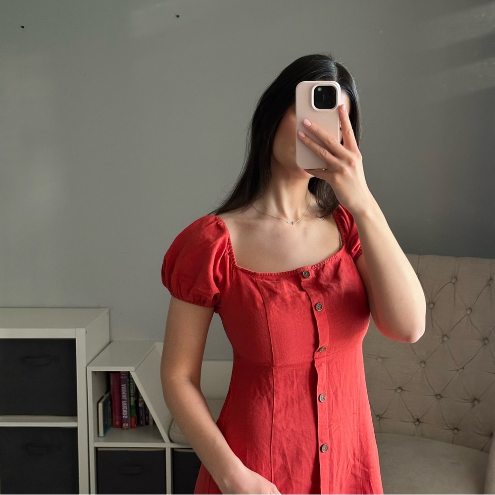 Red Linen Button Down Dress - Picture 3 of 9